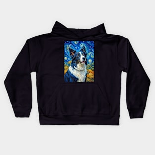 Border Collie Dog Breed Painting in a Van Gogh Starry Night Art Style Kids Hoodie